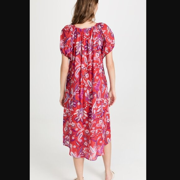 Anthropologie SUNDRY Red Floral Puff Sleeve Boho Dress Cotton Purple Red Sz S/M - Picture 2 of 15